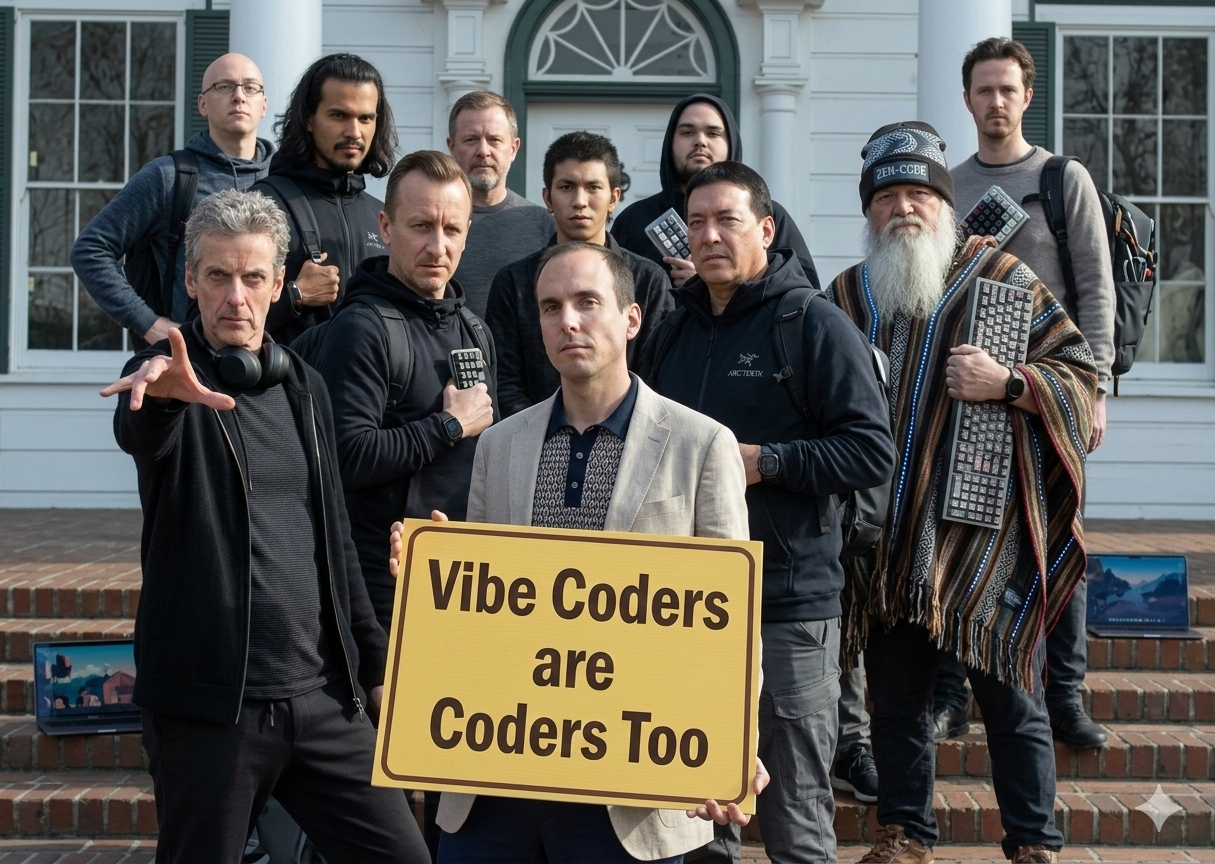 The Alliance of Vibe Coders — a group of determined vibe coders holding a sign that reads Vibe Coders are Coders Too